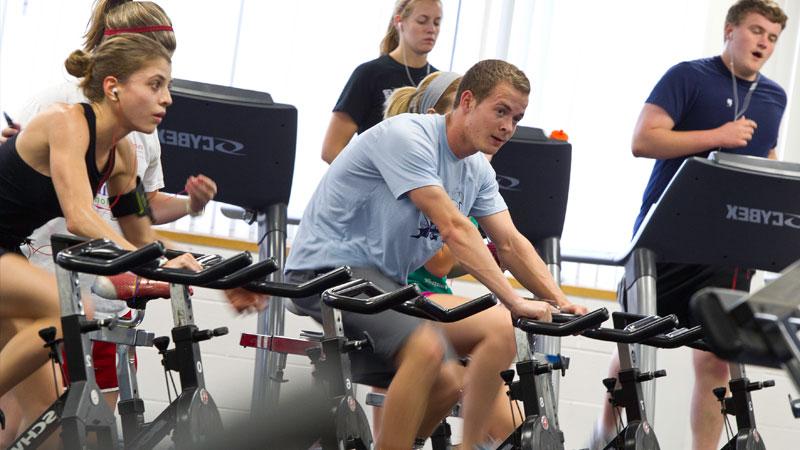 Students using exercise equipment